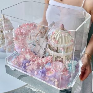 Eternal Flower Gift - Moonlight Angel Castle, White/Pink/Purple, with Remote Control Lights and Acrylic Display Case