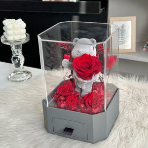 Confession Bear Eternal Flower Garden - Red Preserved Roses with Gray Flocked Bear, Acrylic Gift BoxConfession Bear