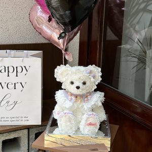 Cute Bear Eternal Flower Arrangement - Pink, Purple, White, with Acrylic Box, Tote Bag, Ribbon, and Care Card